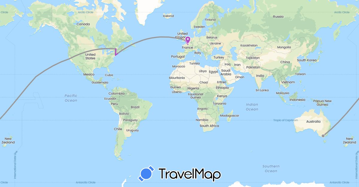 TravelMap itinerary: driving, plane, train in Australia, Canada, France, United Kingdom, United States (Europe, North America, Oceania)